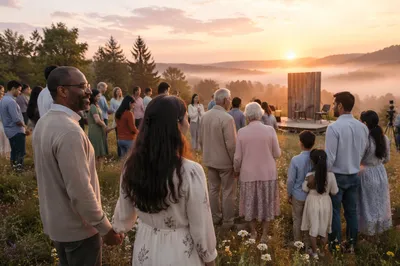Outdoor Sunrise Gathering on Grassy Hillside