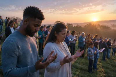 Outdoor Dawn Gathering on Grassy Hillside