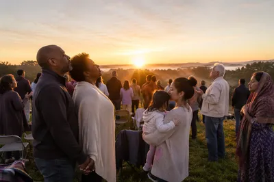 Outdoor Sunrise Congregation on Grassy Hillside