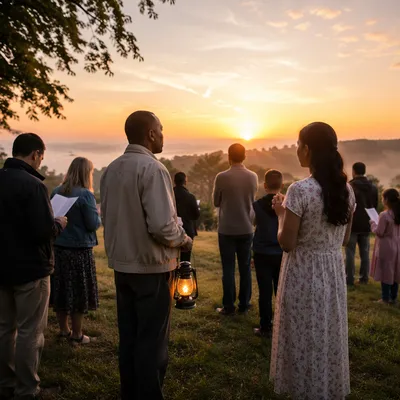 Outdoor Dawn Gathering on Grassy Hill