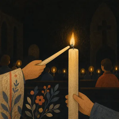 Easter Vigil Candle Flame in Dark Church