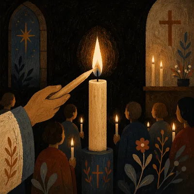 Easter Vigil Candlelight in Dark Church