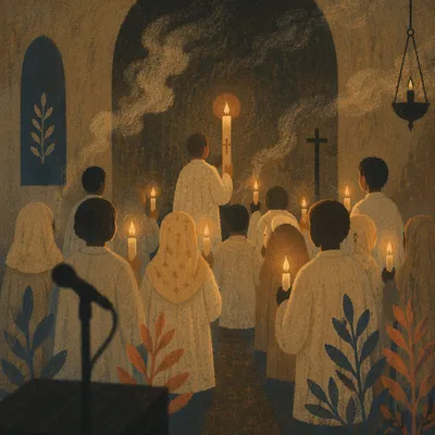 Easter Vigil Candlelight in Dark Chapel