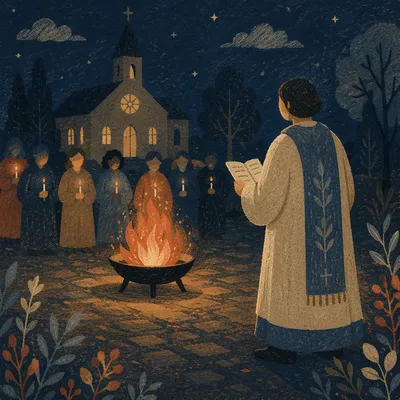 Easter Vigil Fire Outside Dark Church