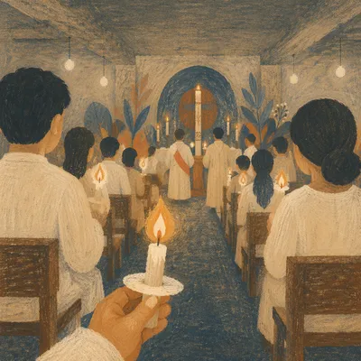 Easter Vigil Candlelight in Dim Church