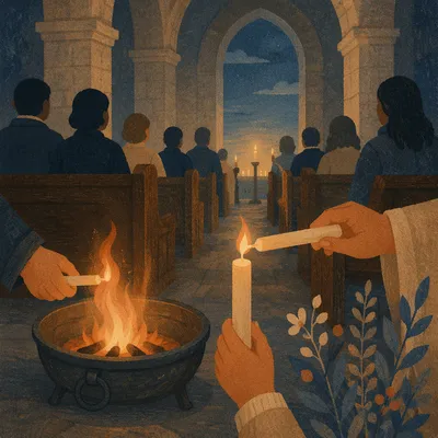 Easter Vigil Candlelight in Dark Stone Church