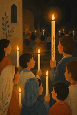 Easter Vigil Candles in Dark Church
