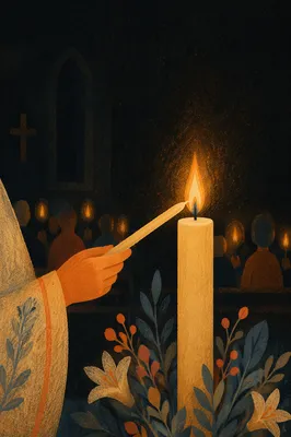 Easter Vigil Candlelight in Dark Church