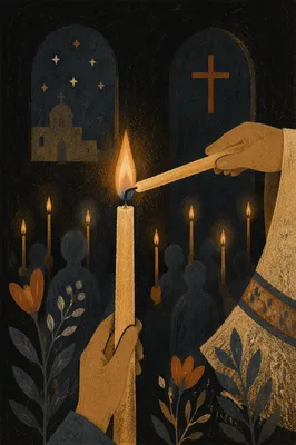 Easter Vigil Candle Flame in Dark Church