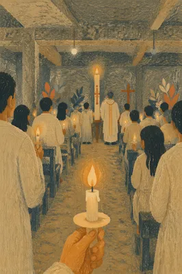 Easter Vigil Candlelight in Dim Church