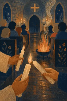 Easter Vigil Candle Lighting in Dark Church