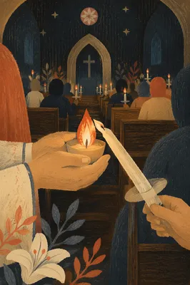 Easter Vigil Candle Lighting in Dark Church