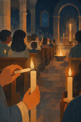 Easter Vigil Candlelight in Dark Church