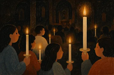 Easter Vigil Candles in Dark Church