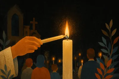 Easter Vigil Candle Flame in Dark Church