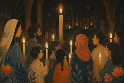 Easter Vigil Candlelight in Dark Church