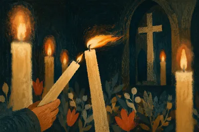 Easter Vigil Candlelight in Dark Church