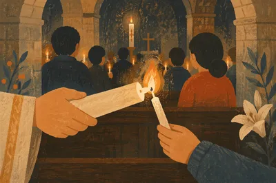 Easter Vigil Candle Lighting in Dark Church