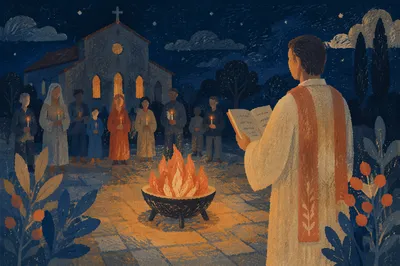 Easter Vigil Fire Outside Dark Church