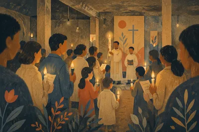 Easter Vigil Candlelight in Dark Church