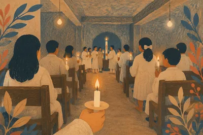 Easter Vigil Candle Lighting in Dim Church