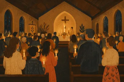 Easter Vigil Candlelight in Dark Church