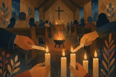 Easter Vigil Candle Lighting in Dark Chapel