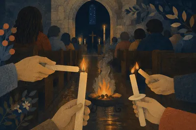 Easter Vigil Candle Lighting in Dark Church