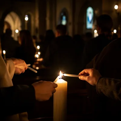 Easter Vigil Candle Lighting in Dark Church
