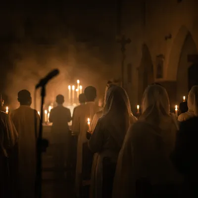 Easter Vigil Candlelight in Dark Chapel