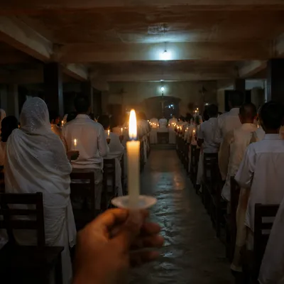 Easter Vigil Candle Lighting in Dim Church