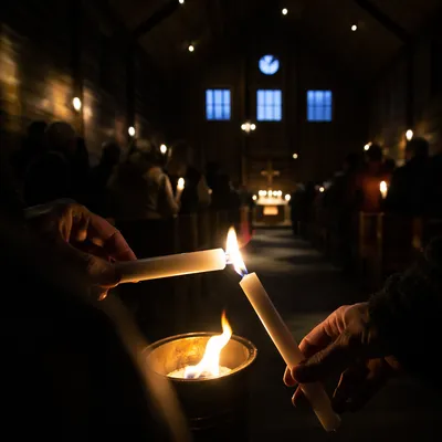 Easter Vigil Candle Lighting in Dark Chapel