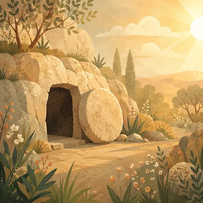 Empty Tomb at Sunrise in Quiet Garden