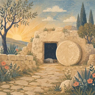 Empty Tomb at Dawn with Rolled Stone
