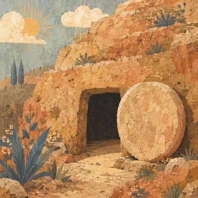 Empty Tomb with Rolled Stone at Dawn