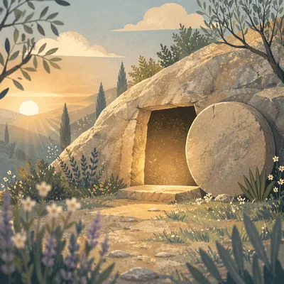Empty Tomb at Sunrise in Spring Garden