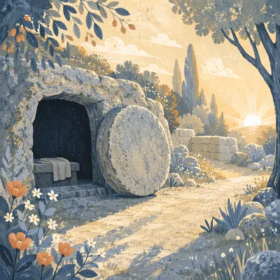 Empty Tomb at Dawn in Garden