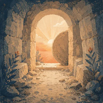 Empty Tomb with Stone Rolled Away