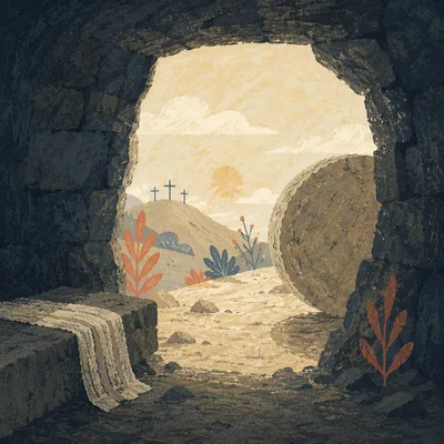 Empty Tomb at Dawn with Rolled Stone