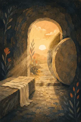 Empty Tomb With Stone Rolled Away