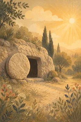 Empty Tomb at Sunrise in Quiet Garden