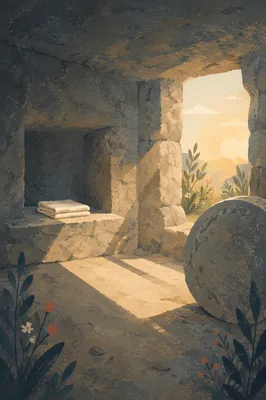 Empty Tomb at Dawn with Rolled Stone