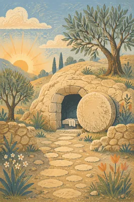 Empty Tomb at Dawn with Rolled Stone