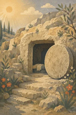 Empty Tomb at Dawn with Rolled Stone