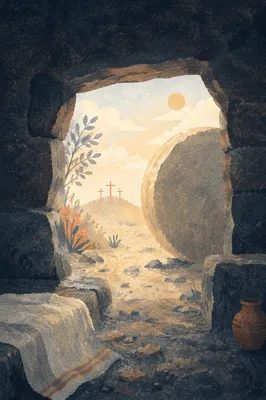 Empty Tomb at Dawn with Rolled Stone