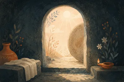 Empty Tomb with Rolled Stone at Dawn