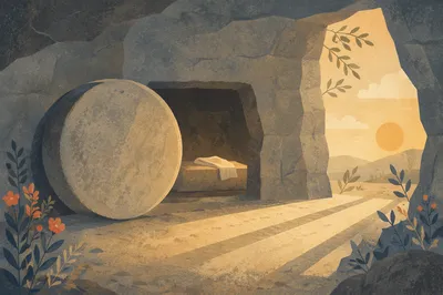 Empty Tomb at Dawn with Rolled Stone