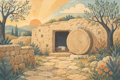 Empty Tomb at Dawn with Rolled Stone