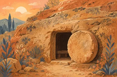 Empty Tomb at Dawn with Rolled Stone