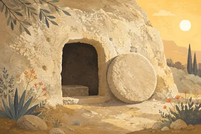 Empty Tomb at Sunrise with Rolled Stone